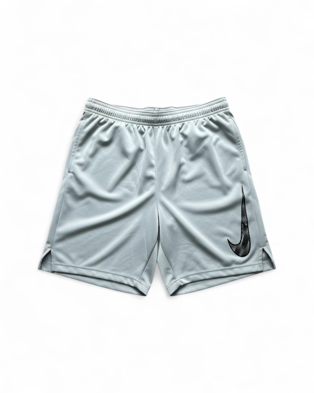 Nike Boys Gray Athletic Shorts with Patterned Swoosh