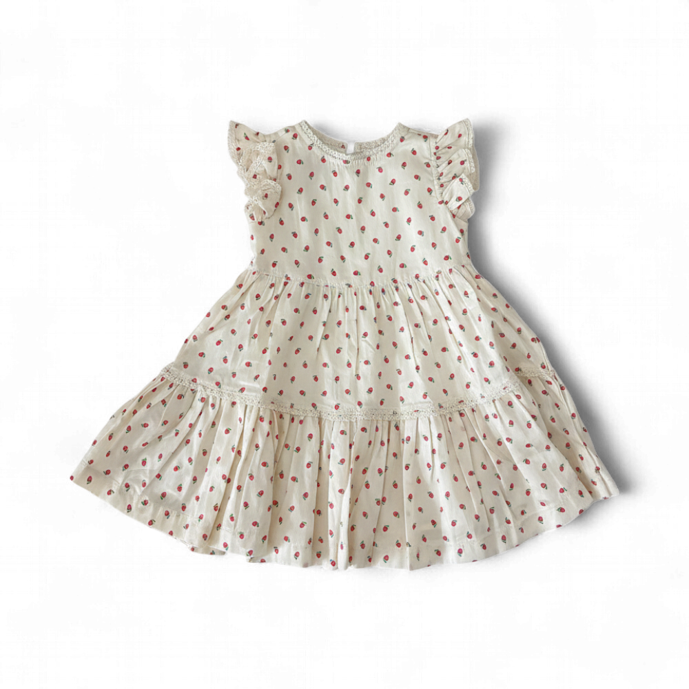 NWT Cream Strawberry Print Ruffle Dress with Lace Trim