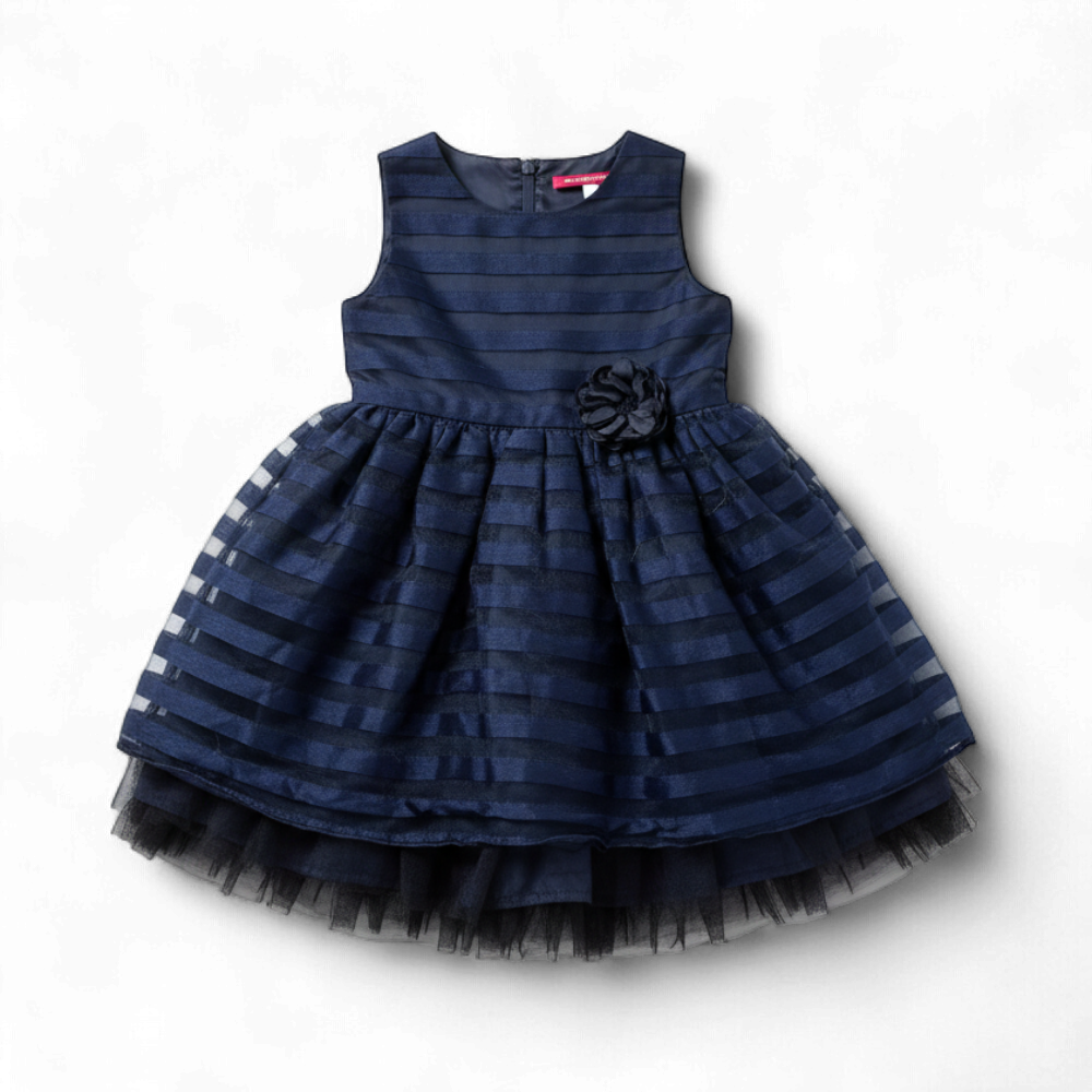 Navy Striped Party Dress with Flower