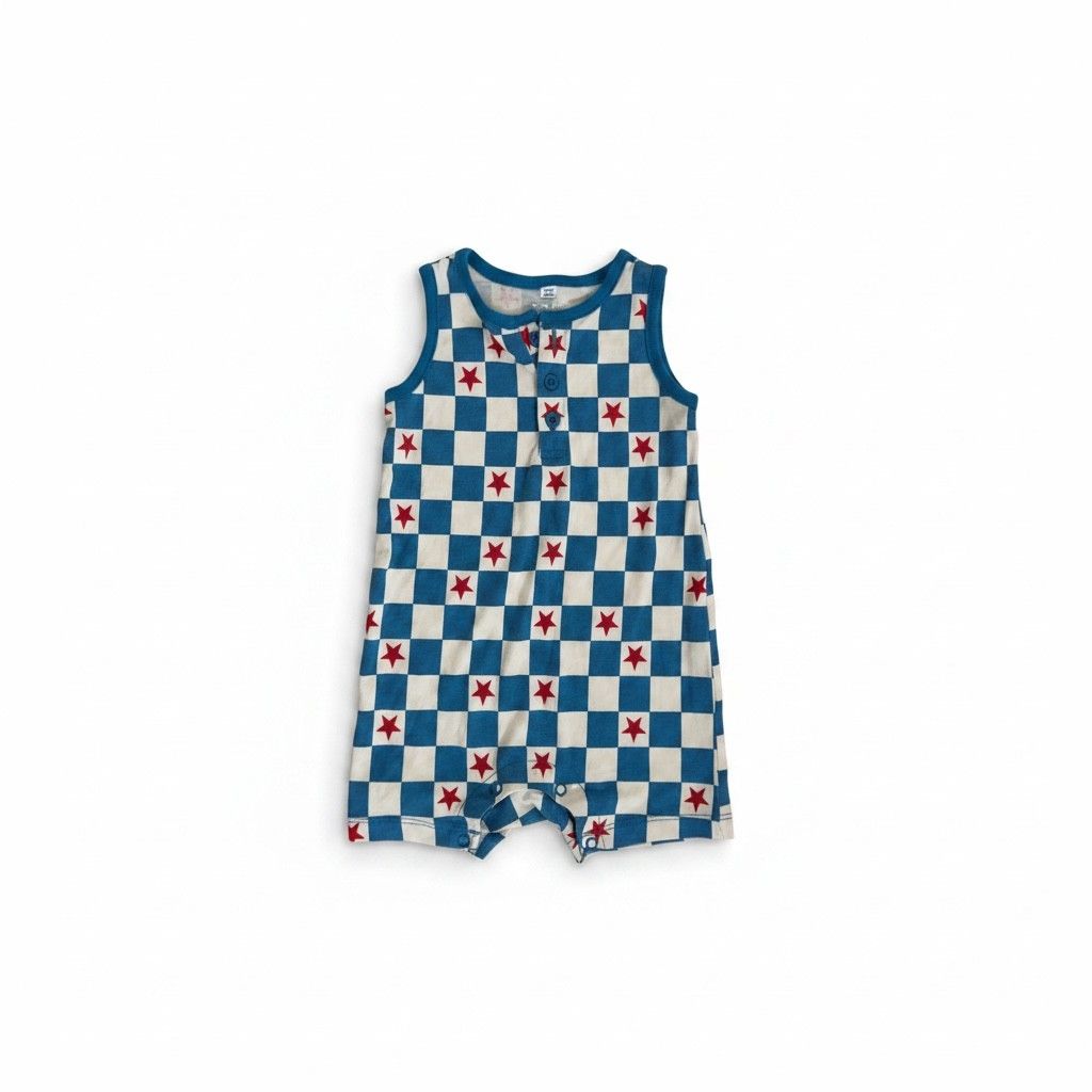 Okie Dokie Blue Checkered Star Romper — 18M