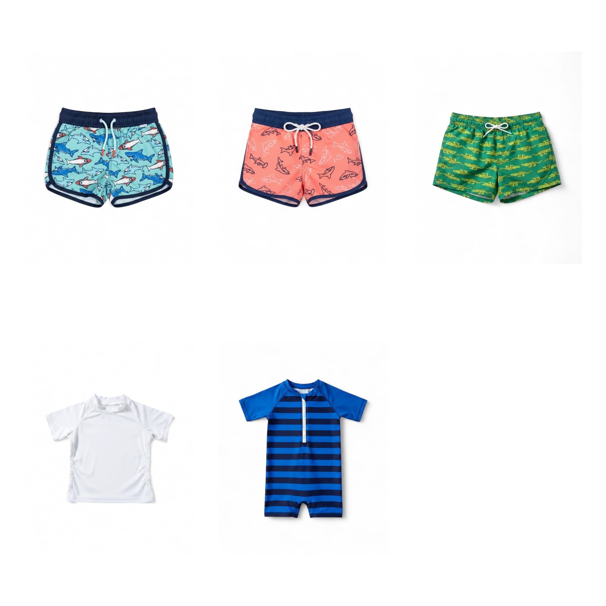 Blue Shark Print Swim Trunks, Coral Pink Shark Swim Trunks & 3 more