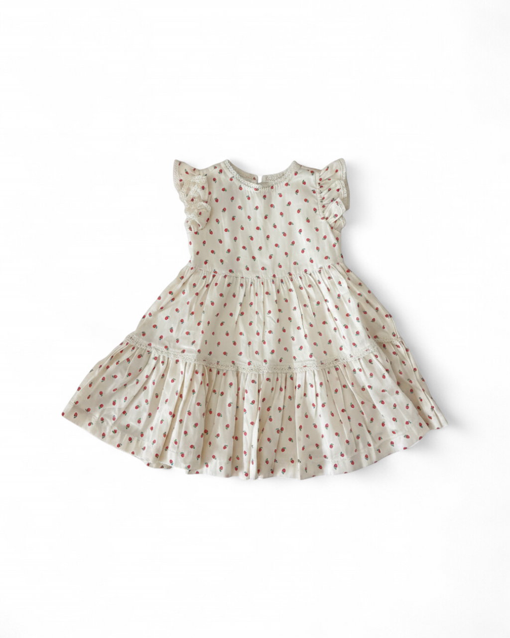 NWT Cream Strawberry Print Ruffle Dress with Lace Trim