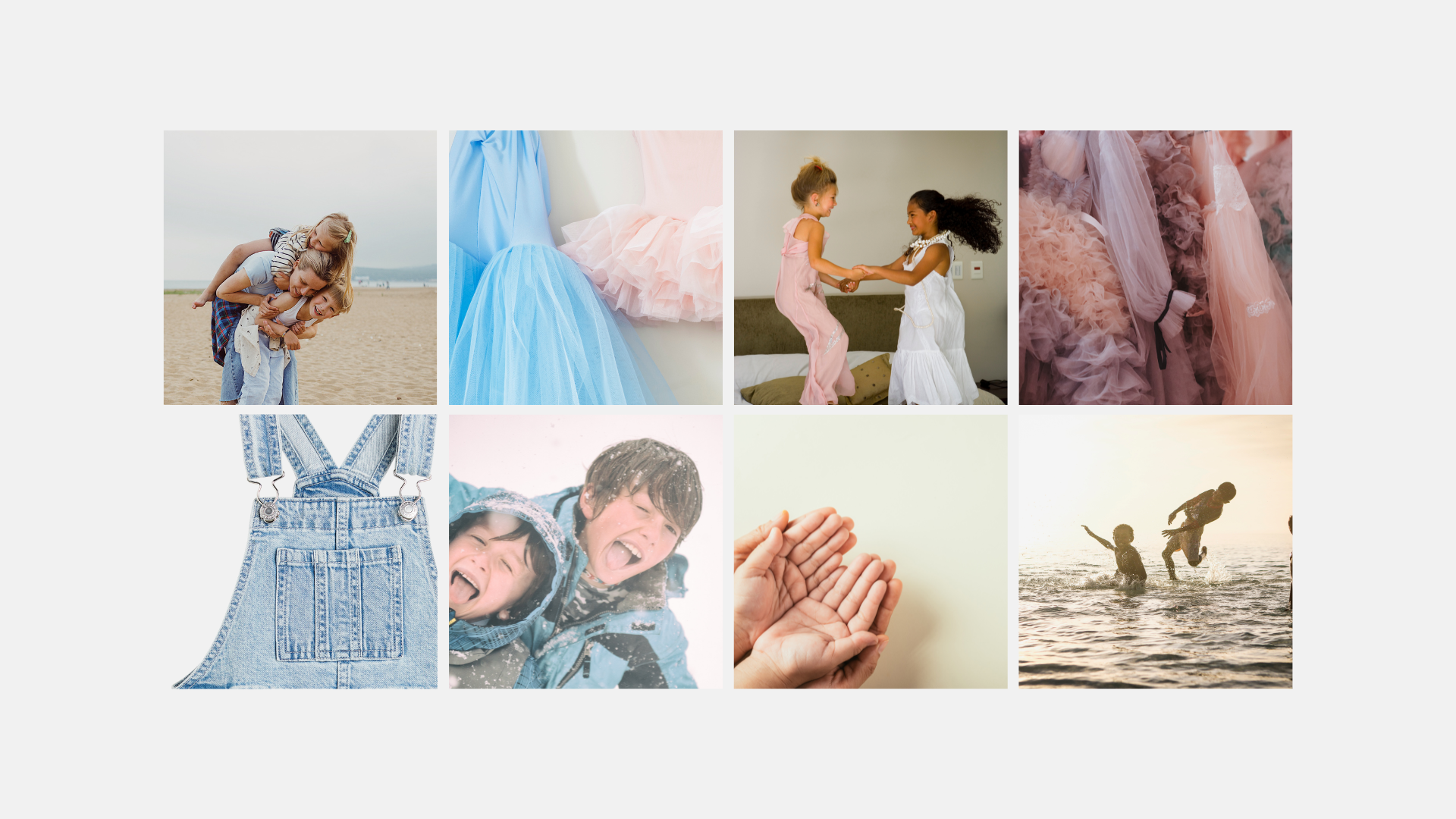 Collage of various photos including children playing, a bride and groom, and a child in overalls.
