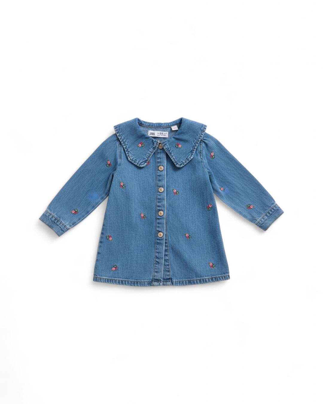 Zara Blue Embroidered Denim Peter Pan Collar Dress