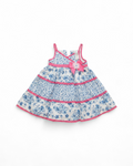 Blue and White Floral Tiered Dress with Pink Trim