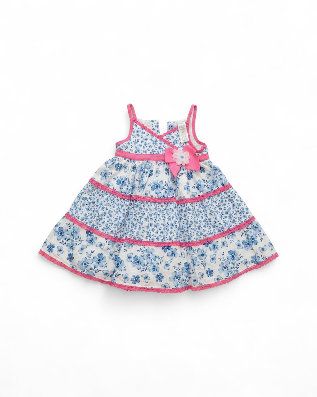 Blue and White Floral Tiered Dress with Pink Trim
