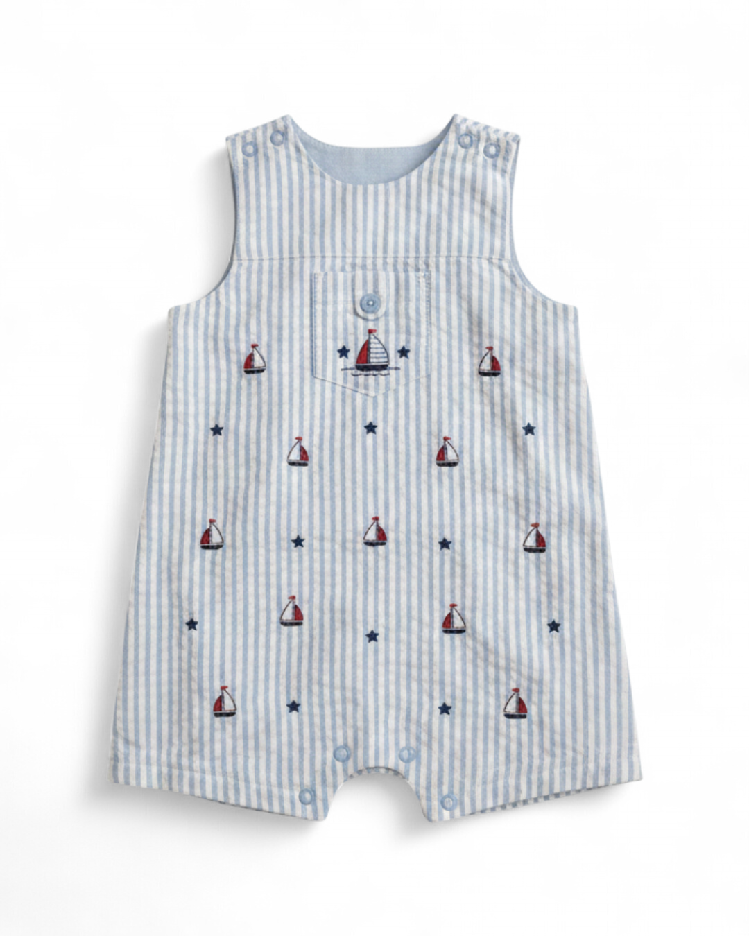 Blue and White Striped Sailboat Embroidered Romper