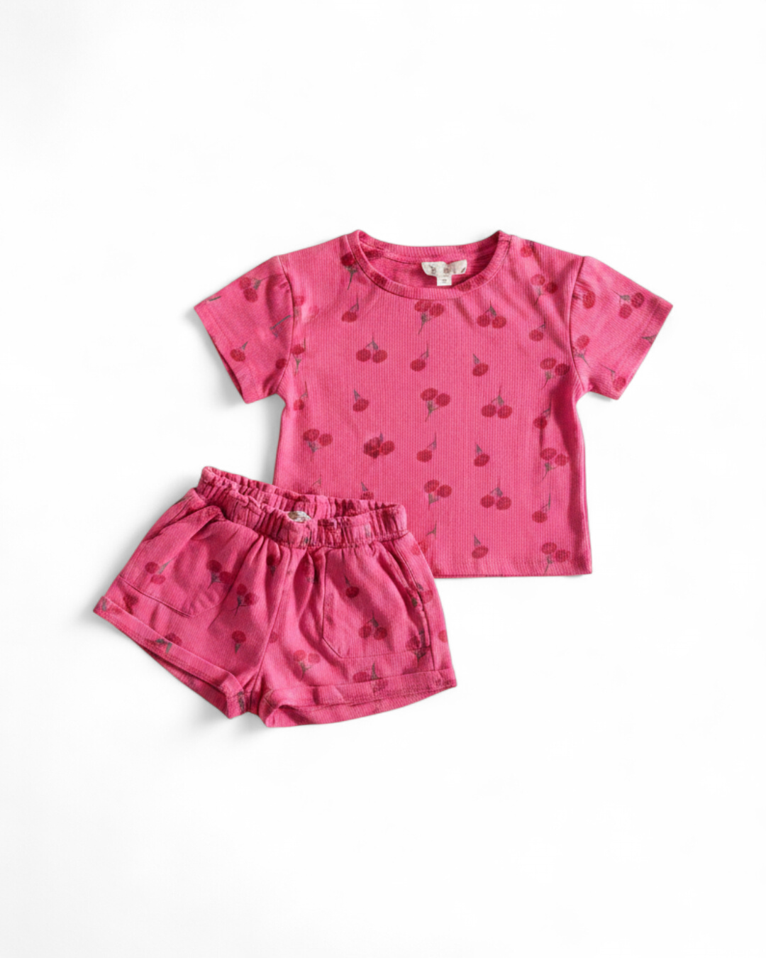 Pink Cherry Print Ribbed Shirt and Shorts Set